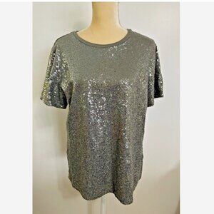 DKNY Silver Sequin Top NWT Size Large Grey Tee Shirt